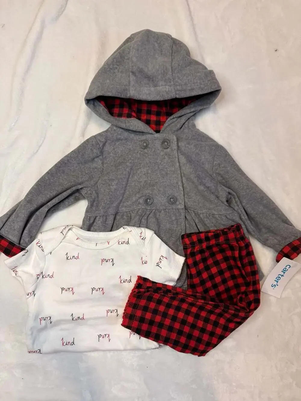 Carter's Baby Girl 3-Piece Set with Gray Hooded Fleece Jacket, 'Kind' Bodysuit,